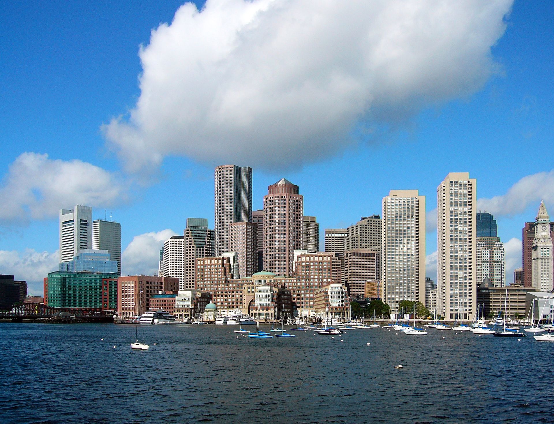 Boston Financial District skyline seen from the harbor